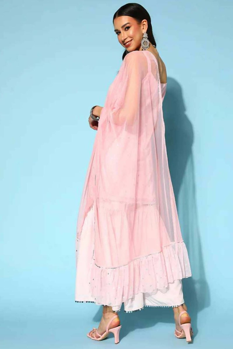 Ahalyaa Women Pink Colour Crepe Silver Foil Printed Kurta Sharara Set - Distacart