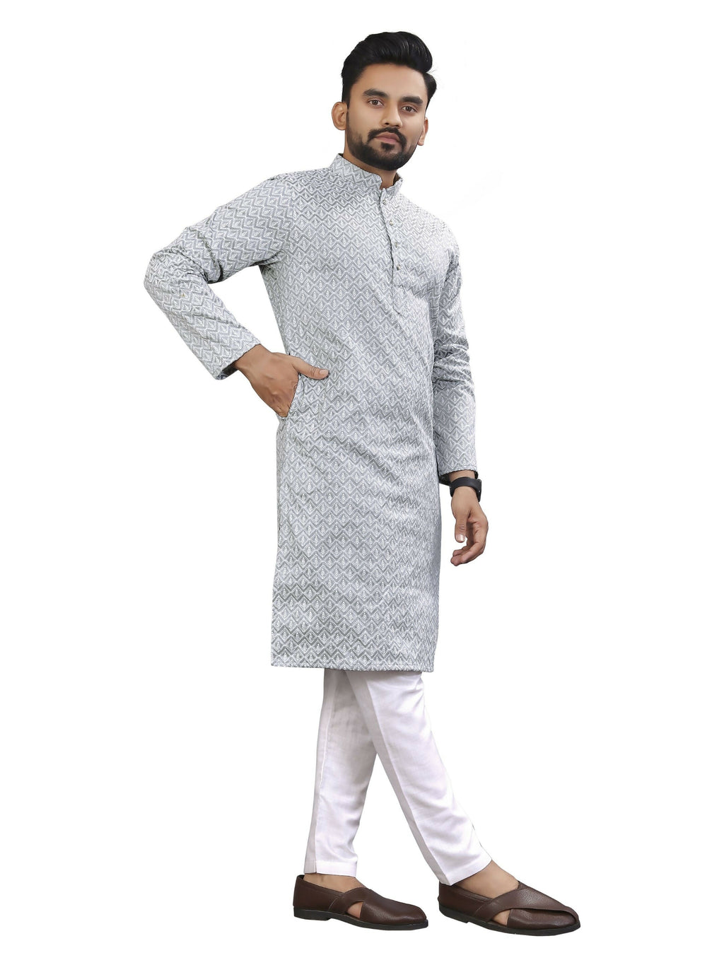 Anaita Grey Lucknowi Work Silk Straight Kurta