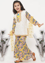 Little Bansi Girls Cotton Embroidery Kurta with Floral Sharara & Dupatta - White & Yellow