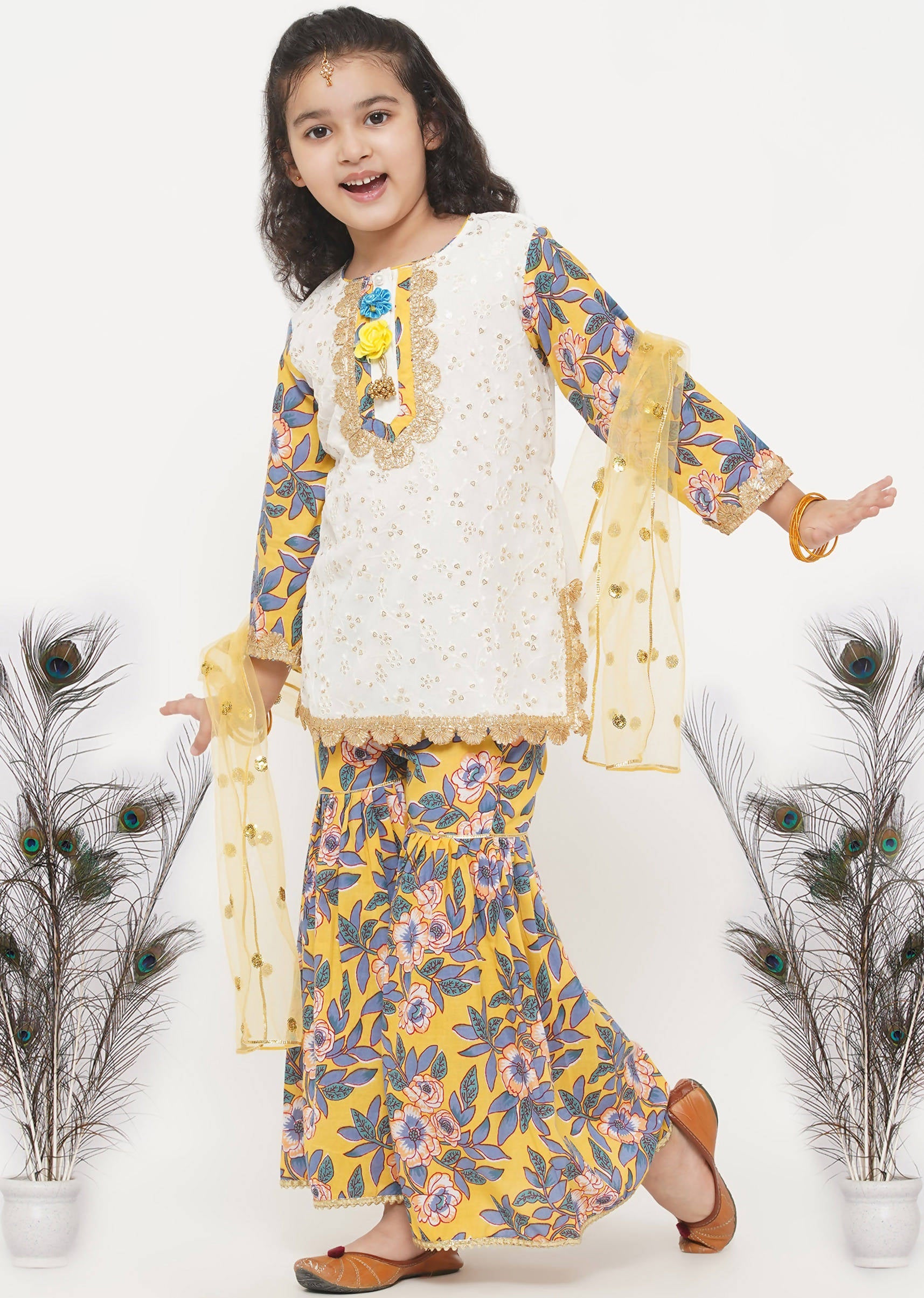 Little Bansi Girls Cotton Embroidery Kurta with Floral Sharara & Dupatta - White & Yellow