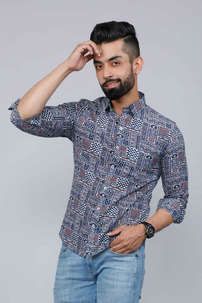 Miravan Men's Blue Floral Print Long Sleeve Casual Shirt