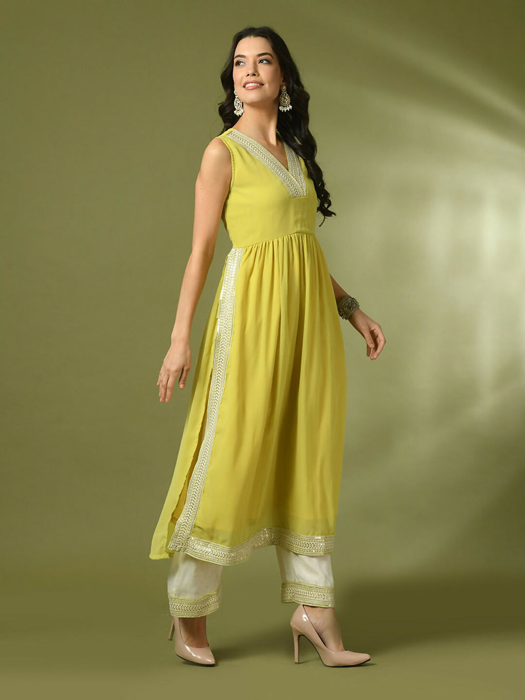 Myshka Women's Yellow Solid Georgette Anarkali Party Kurta Set