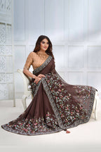 Brown Two Tone Georgette Silk Sequence Embroidered with Stone work Saree - Mohmanthan Majestica