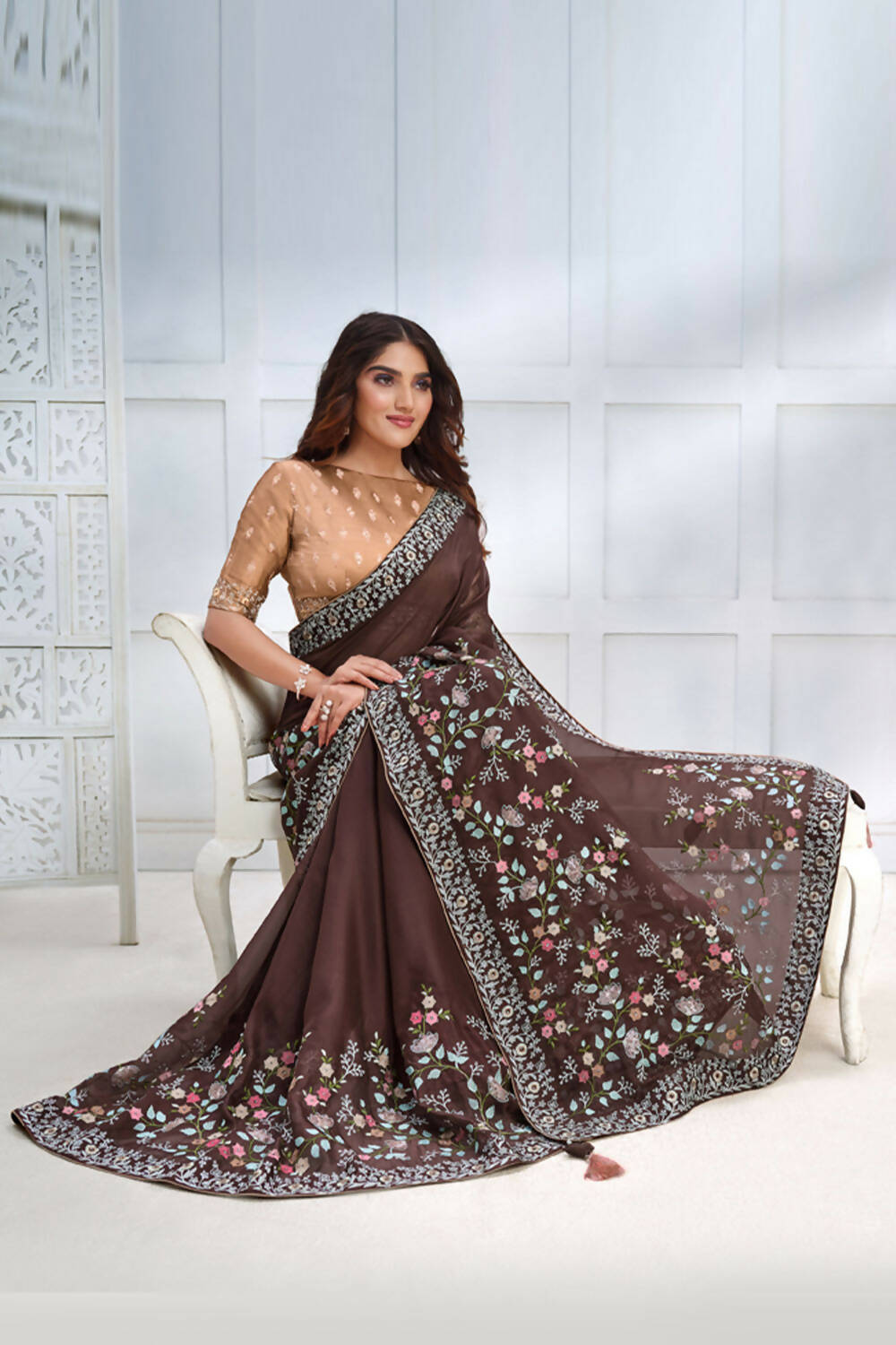 Brown Two Tone Georgette Silk Sequence Embroidered with Stone work Saree - Mohmanthan Majestica