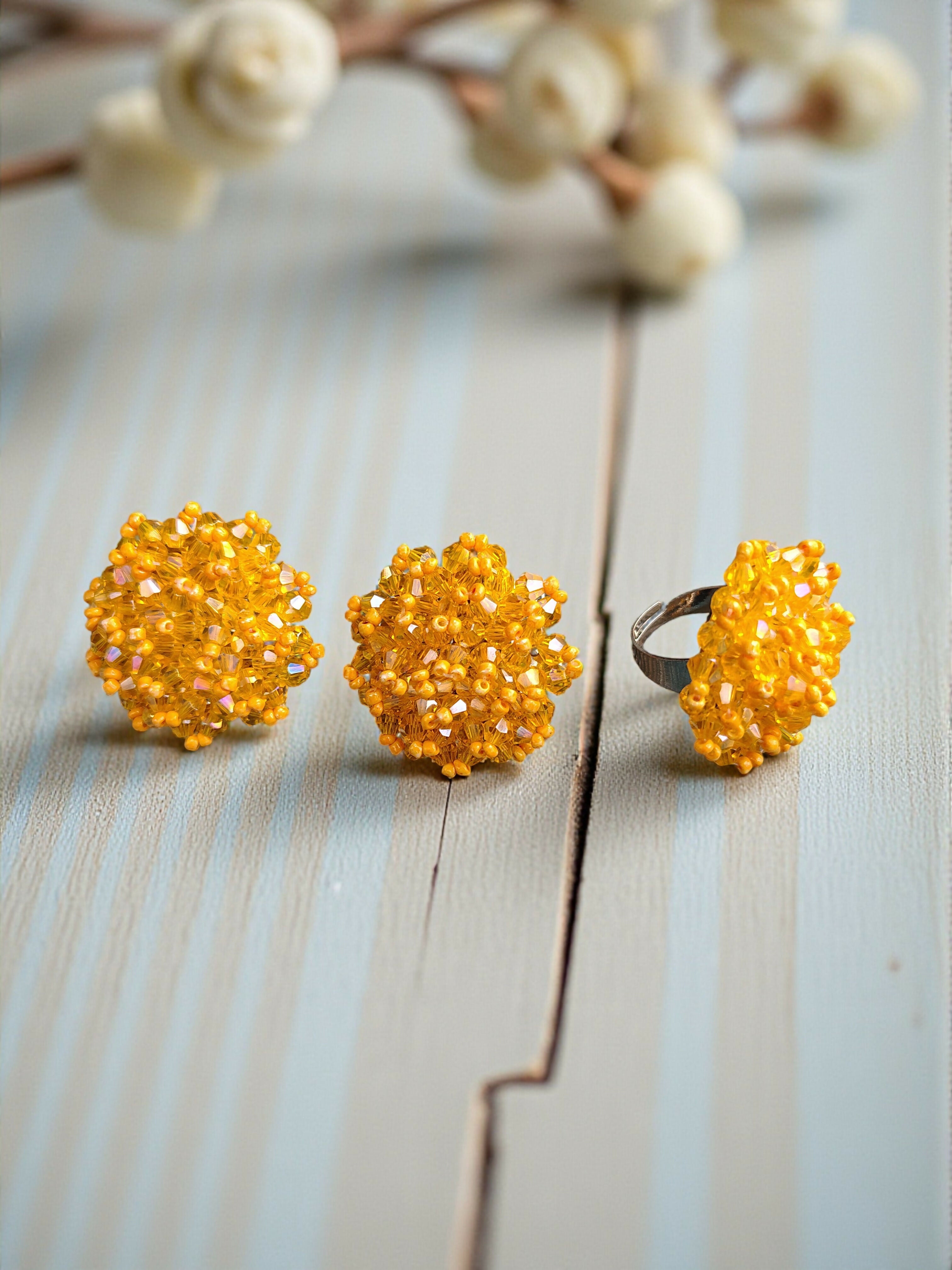Inhanns Rangmani Crystal Duo – Adjustable Ring + Statement Earrings Set - Yellow - Distacart