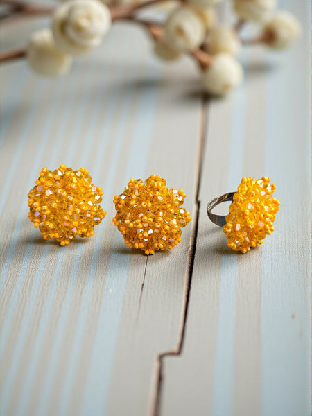Inhanns Rangmani Crystal Duo – Adjustable Ring + Statement Earrings Set - Yellow