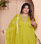 Miravan Womens Plus Size Muslin Yellow Kurta and Palazzo with Dupatta Set - Distacart