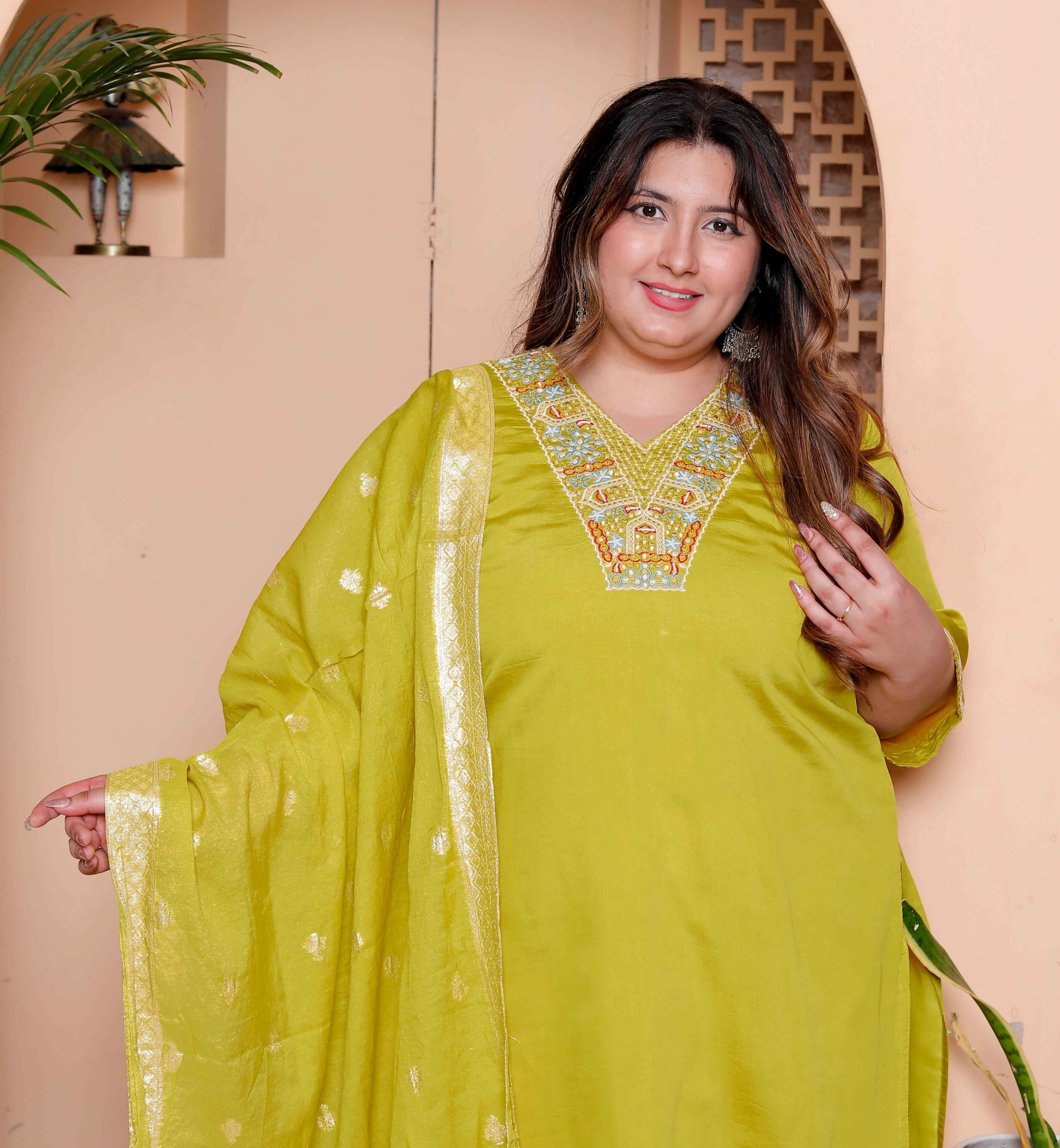 Miravan Womens Plus Size Muslin Yellow Kurta and Palazzo with Dupatta Set - Distacart