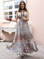 Blue Crepe Foil Printed Long Dress - Michan - Distacart