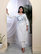 Miravan Women's White Cotton Thread Work Embroidered And Mirror Work Straight Kurta Palazzo With Dupatta Set