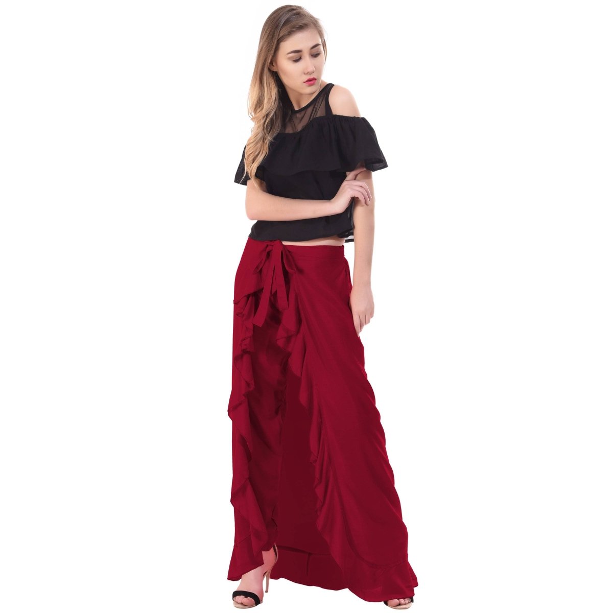 Asmaani Maroon Color Plain Ruffle Palazzo