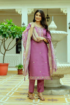 The52 Purple Women's Beautiful Embroidered Viscose Chanderi Silk Fabric with Straight Kurta, Pant and Dupatta Set - Distacart