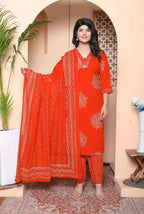 Miravan Womens Floral Printed Straight Fit Kurta With Palazzo And Dupatta - Orange - Distacart