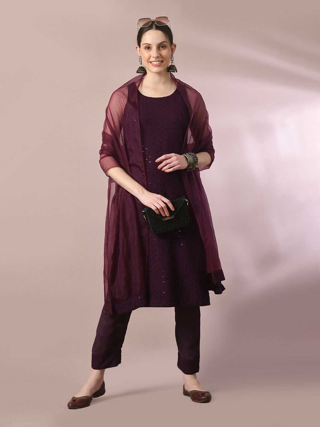 Myshka Women's Magenta Embroidered Cotton Straight Party Kurta Set With Dupatta