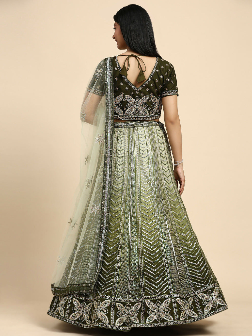Green Fancy Net Sequence Embroidered Lehenga Choli with Dupatta - Dhara