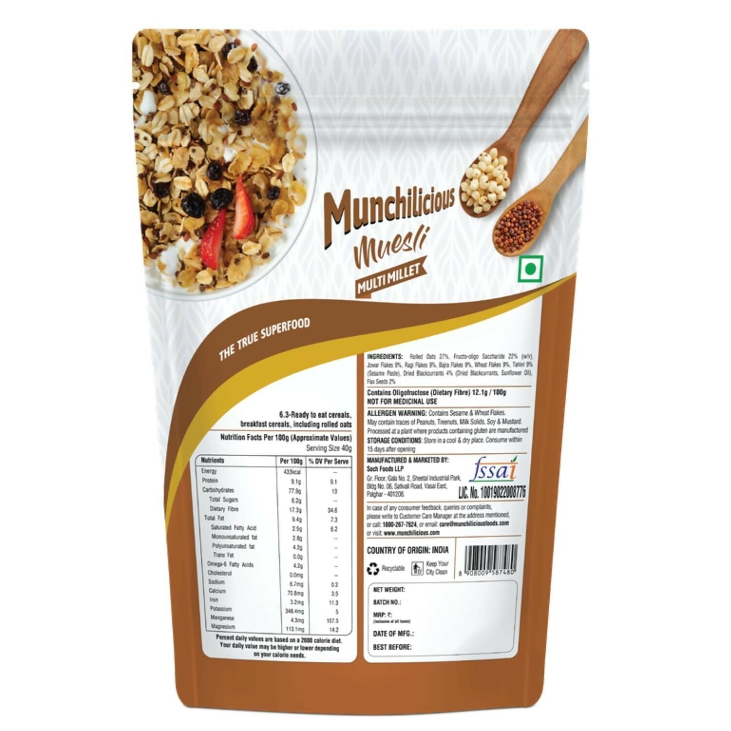 Munchilicious MultiMillet Muesli Fruits, Nuts & Seeds Crunchy Millets, High in Fibre and Protein