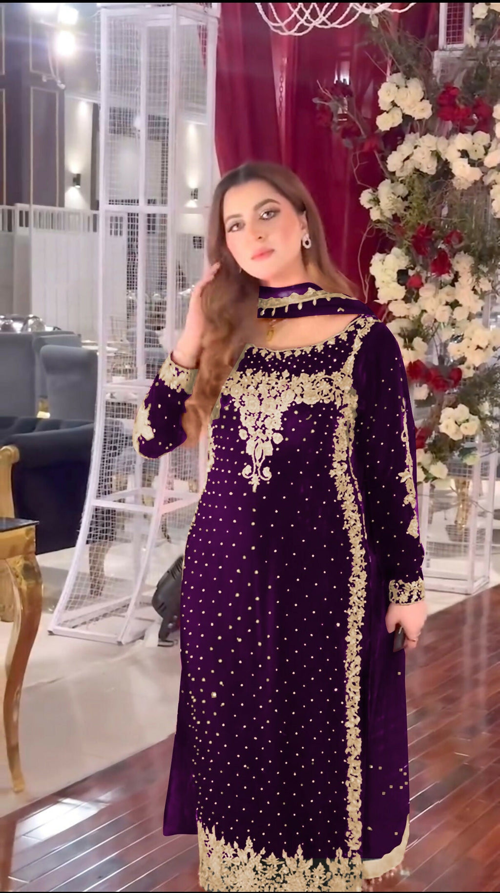 Joban Fashion Purple Velvet Sequence Embroidery Work Kurta Set - Distacart