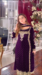 Joban Fashion Purple Velvet Sequence Embroidery Work Kurta Set - Distacart