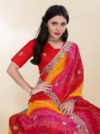 Pink Georgette Bandhani Printed,Embroidery Work Saree - Bandhan