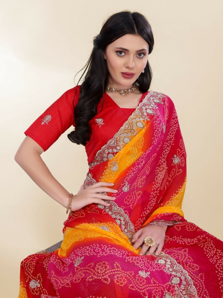 Pink Georgette Bandhani Printed,Embroidery Work Saree - Bandhan