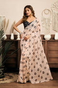 Vastranavya Cream Digital Printed Linen Ready To Wear Designer Saree with Unstitched Blouse - Distacart