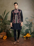 Vastranavya Black Exclusive Festival Viscose Silk Thread & Swarovski Embroidered Work Mens Wear Kurta & Koti