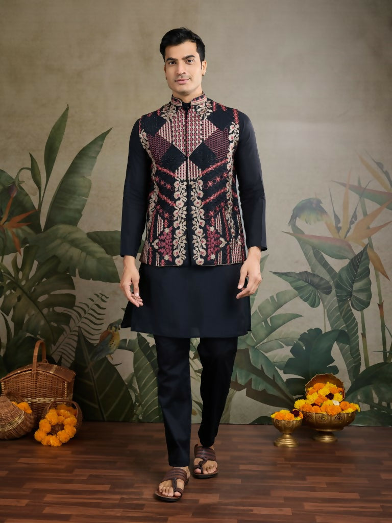 Vastranavya Black Exclusive Festival Viscose Silk Thread & Swarovski Embroidered Work Mens Wear Kurta & Koti