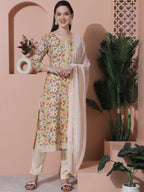 Jyoti Fashion Women's Multicolor Cotton Floral Digital Printed Kurta with Trouser & Dupatta