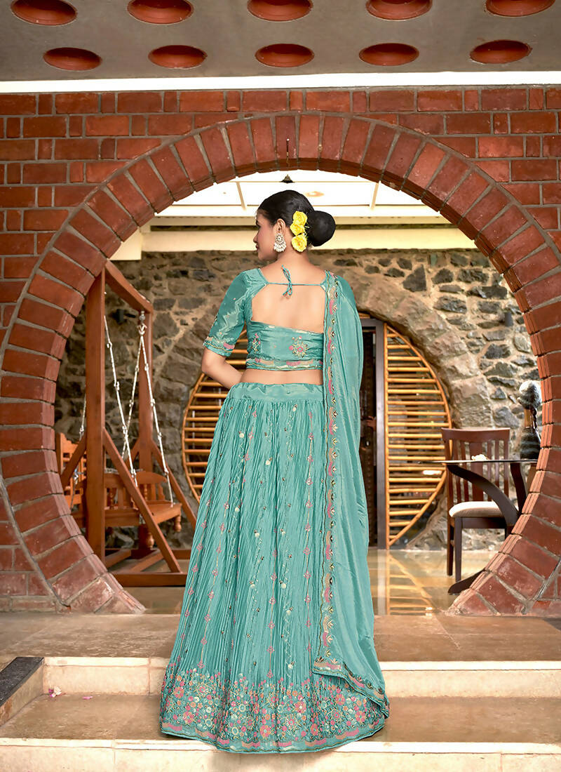 Sky Blue Chinon Crushed Sequence and Thread Embroidery Work Lehenga Choli with Dupatta - Viharini