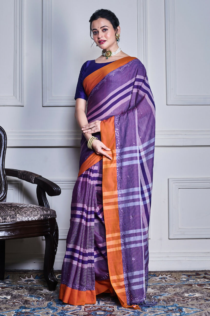 Morchari Purple Cotton Handloom Mirror Work Saree Unstitched Blouse - Distacart