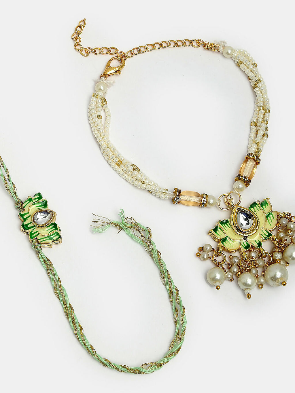 NVR Women & Men Set of 2 Green Lotus Shape Kundan-Studded & Beaded Wraparound Rakhi Set With Roli Chawal & Chocolate - Distacart