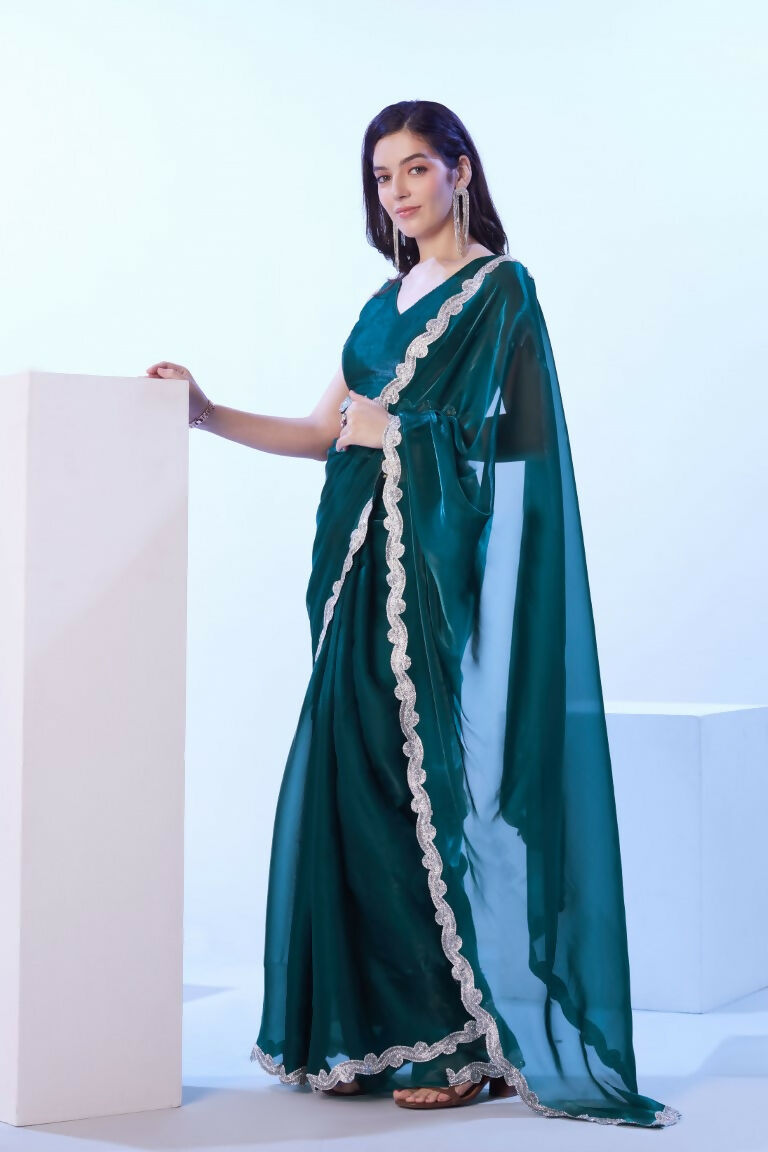 Teal Blue Satin Jimmy Choo Solid Designer & Lace Work Saree - Samaa