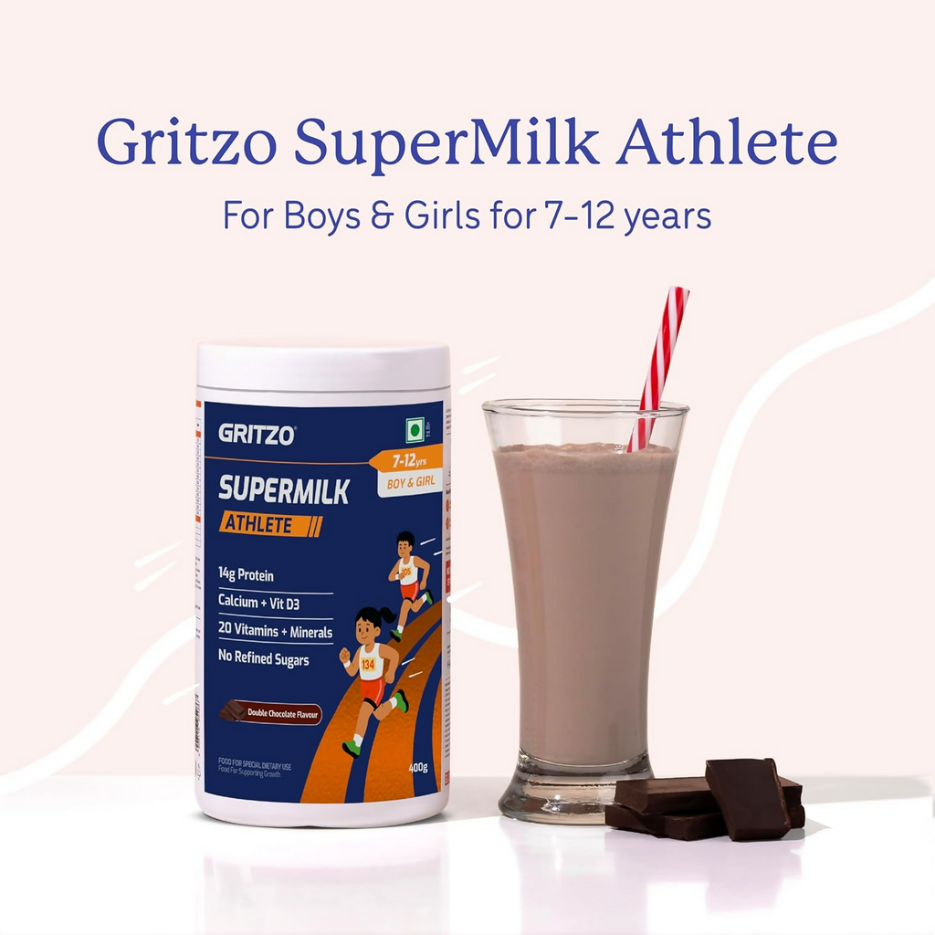 Gritzo SuperMilk Athlete (7-12y Boy & Girl), 14g Protein Powder (Double Chocolate) - Distacart