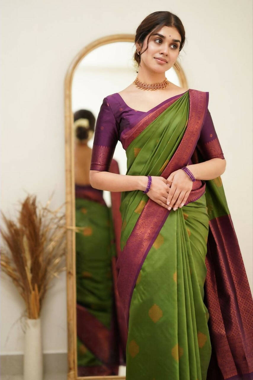 DEIANA'S Beautiful Designer Golden zari Soft Lichi Silk Saree - Mehndi