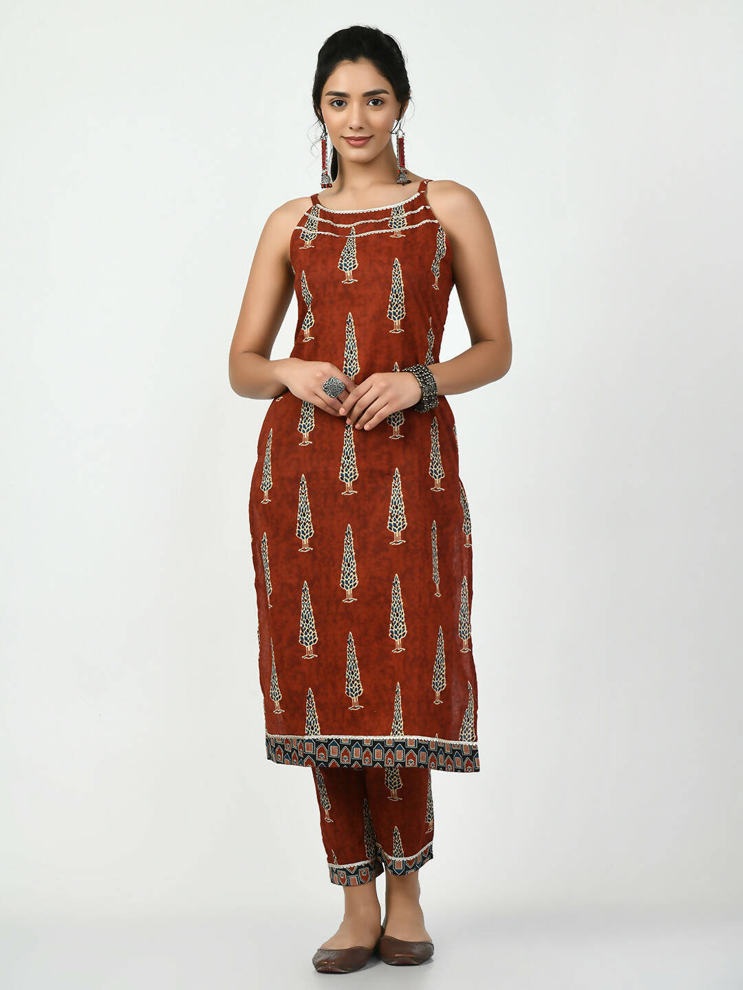 Myshka Women's Rust Printed Kurta With Trouser