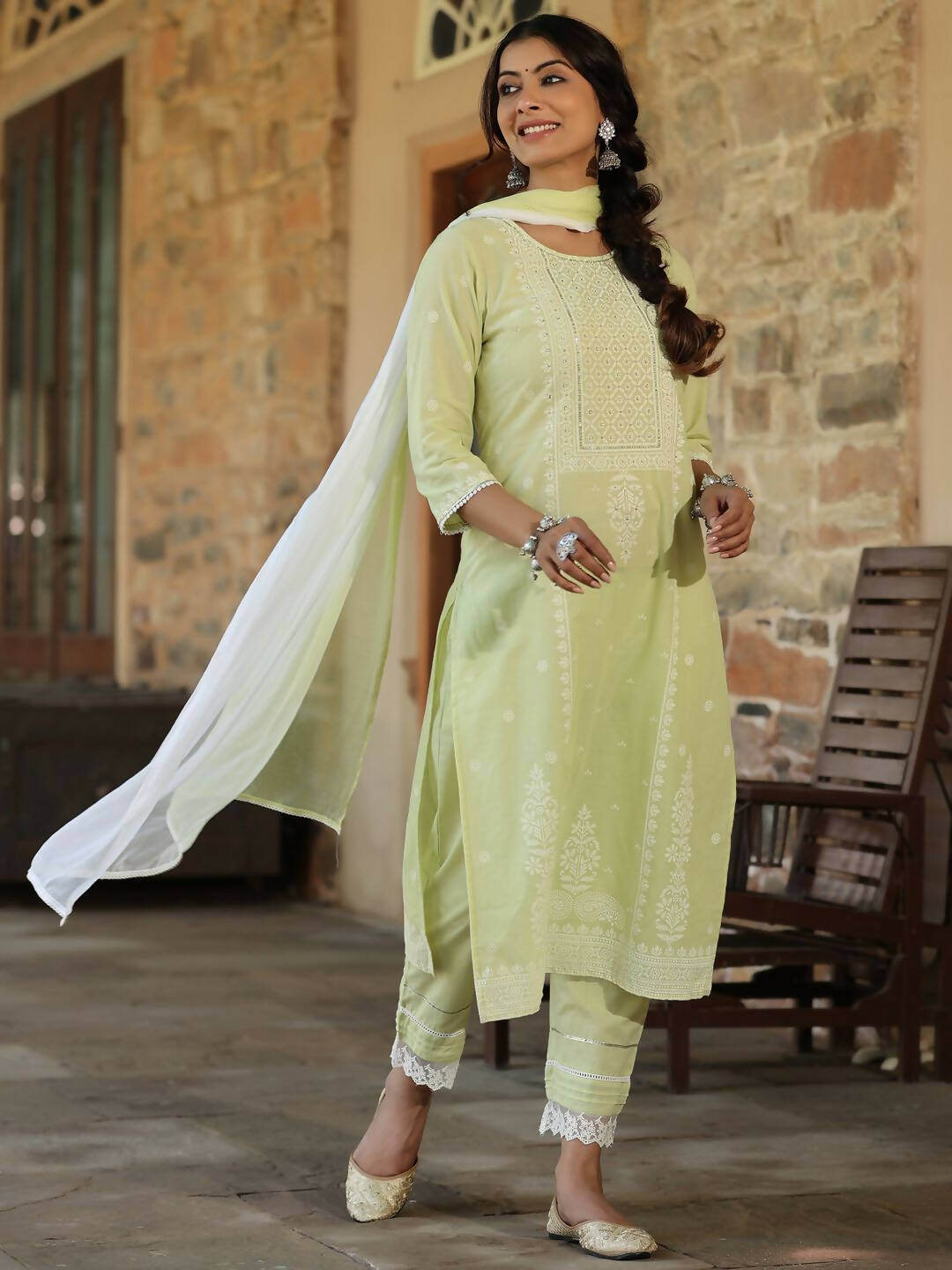 Juniper Women's Lime Green Cambric Floral Print Kurta Straight Pant And Duptta Sets - Distacart