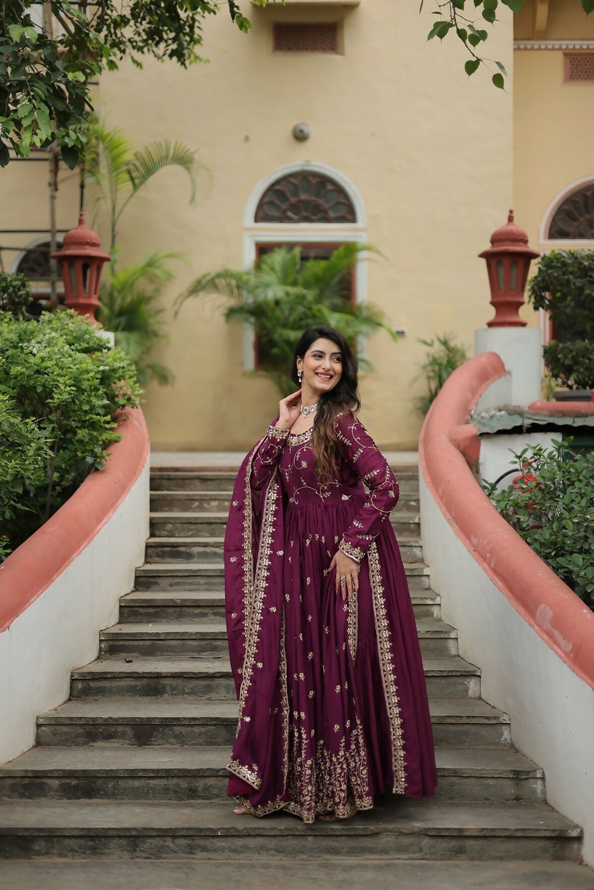 Joban Fashion Wine chinon Sequence Embroidery Work Kurta Set - Distacart