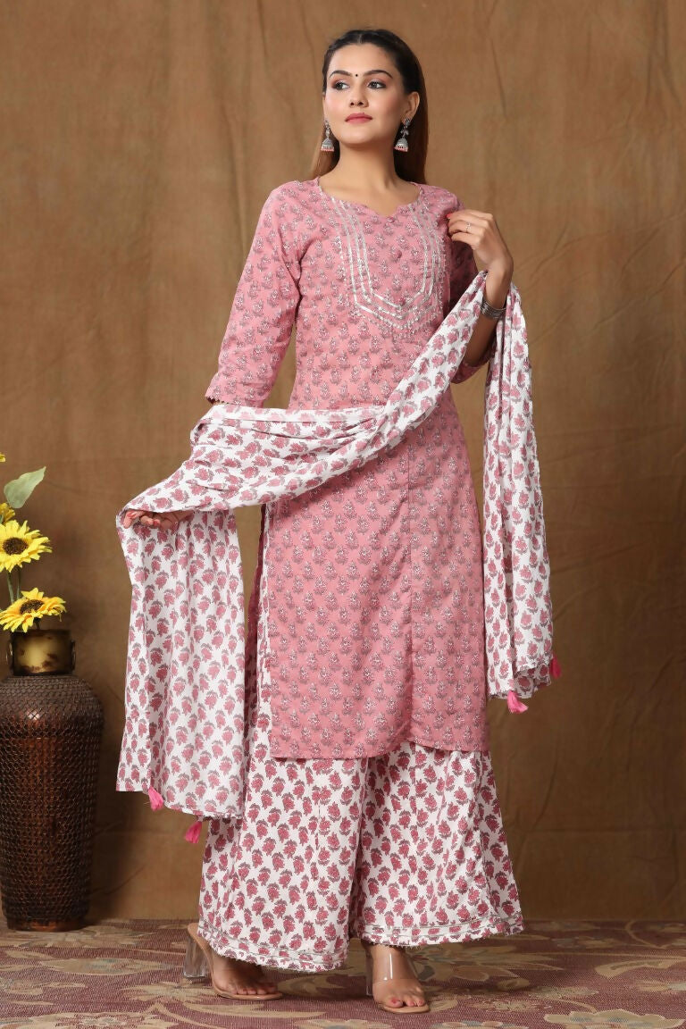 Miravan Women's Cotton Kurta With Palazzo & Dupatta Set