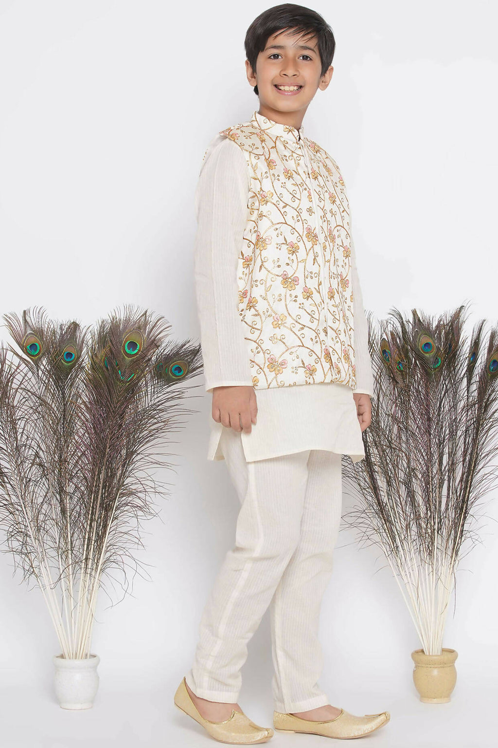 Little Bansi Banarsi Silk Orange Pink Floral Embroidery Jacket with Cotton Kantha kurta and Kantha Pyjama - Cream