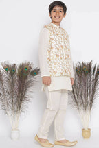 Little Bansi Banarsi Silk Orange Pink Floral Embroidery Jacket with Cotton Kantha kurta and Kantha Pyjama - Cream