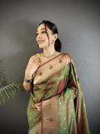Joban Fashion Mehendi Green Peacock & Floral Motifs Soft Lichi Silk Kanchipuram Saree - Distacart