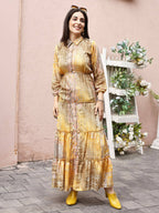 Mustard Crepe Foil Printed Long Dress - Michan - Distacart