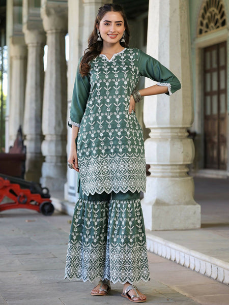 Juniper Women's Green Chinnon Embroidered Kurta Garara Set