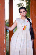 Aayaa Designer Multi Thread Hand Work Khadi Cotton One Piece Dress - Off White