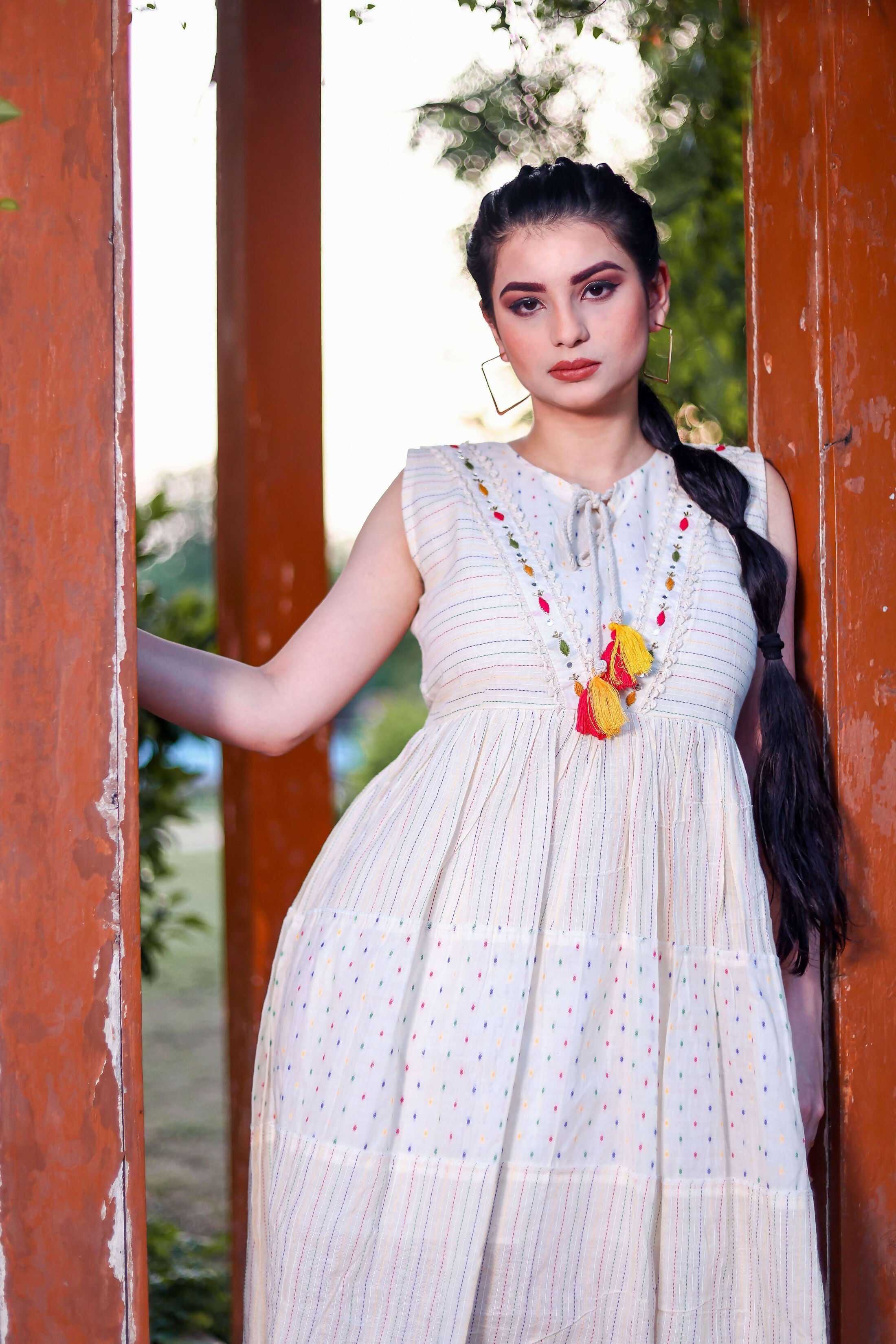 Aayaa Designer Multi Thread Hand Work Khadi Cotton One Piece Dress - Off White