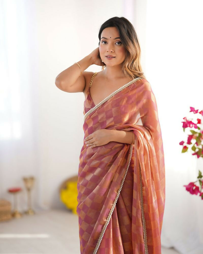 NC Chiffon Chex Wevon Chex Designer, Lace Party Wear Saree - Rust
