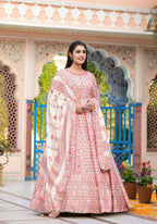 Functional Designer Off White-Light Pink Dola Silk Anarkali suit with Dupatta - Ramya