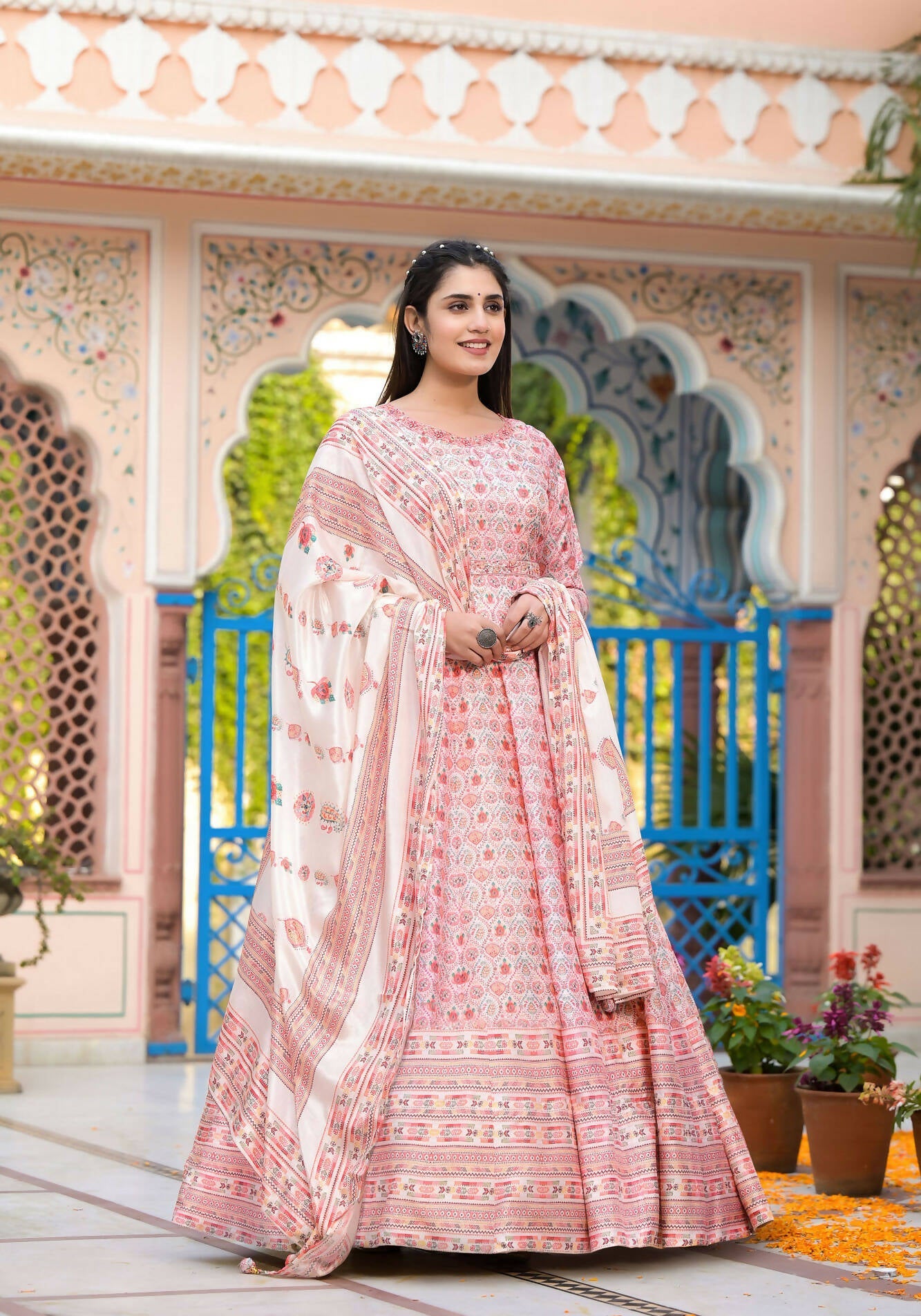 Functional Designer Off White-Light Pink Dola Silk Anarkali suit with Dupatta - Ramya