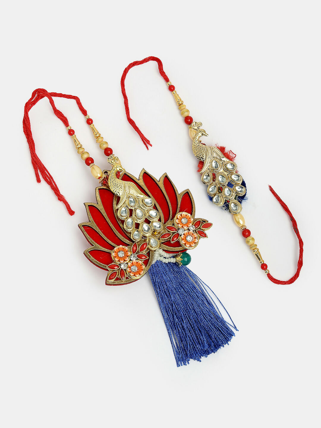 NVR Women & Men Set of 2 Gold-Toned Peacock Design Stone-Studded Bhaiya Bhabhi Rakhi With Roli Chawal & Chocolate - Distacart