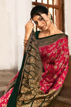 Joban Fashion Hot Pink Crepe Chiffon Pure Handloom Banarasi Silk Saree